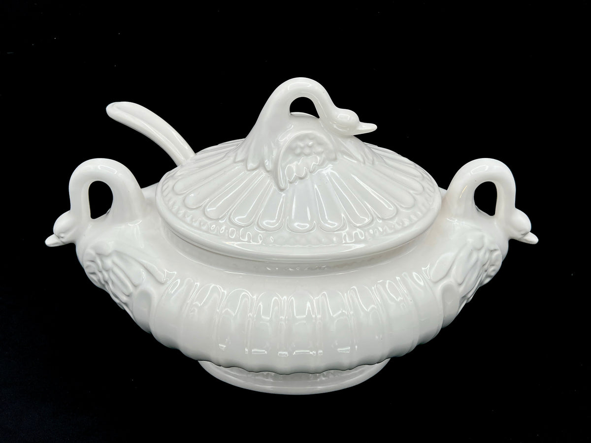 Large Porcelain White Swan Soup Tureen with Ladle
