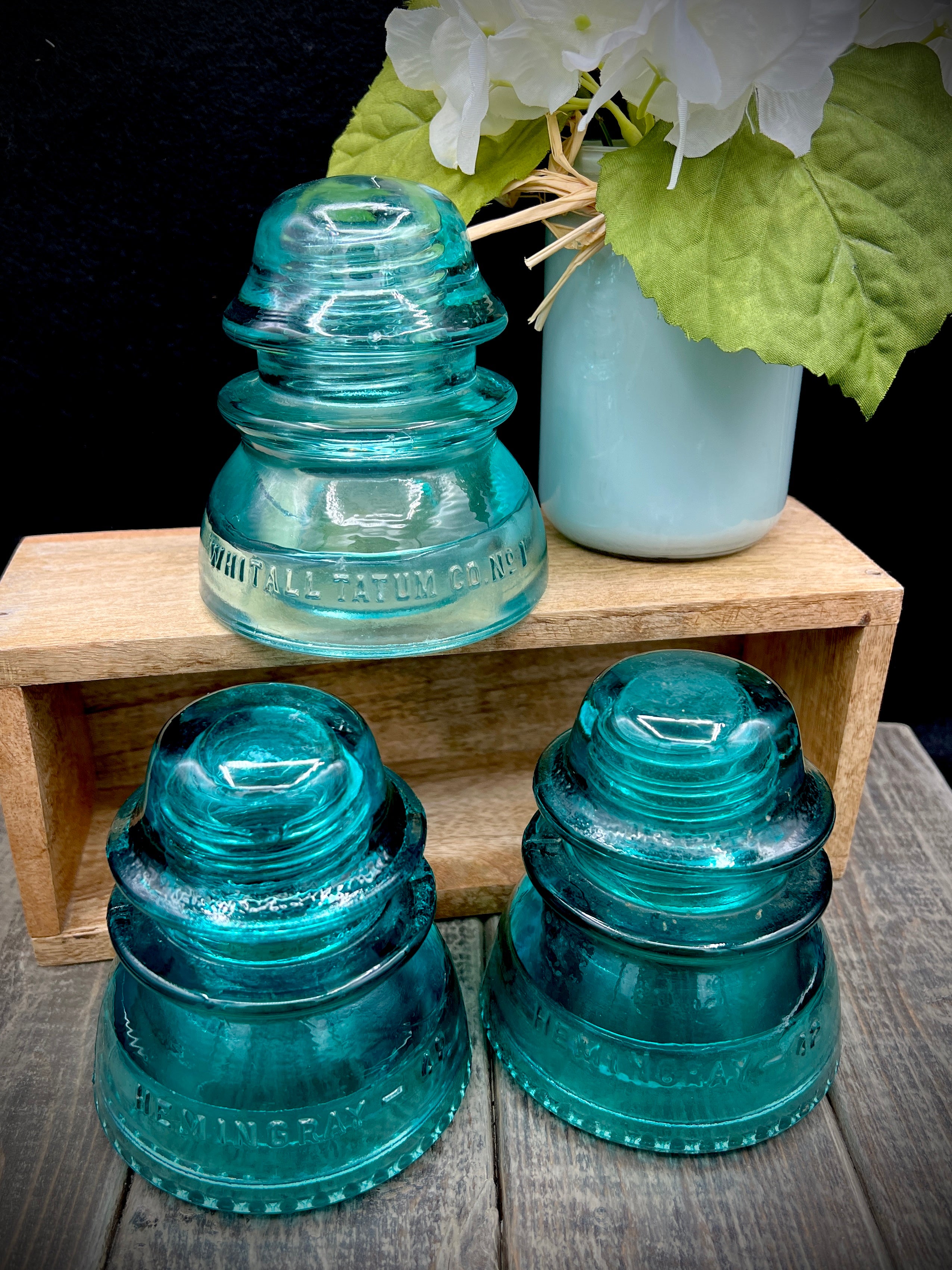 Lot of 3 Antique Blue Green Glass Insulator Whitall Tatum No 1, Hemingray No 42 (2)