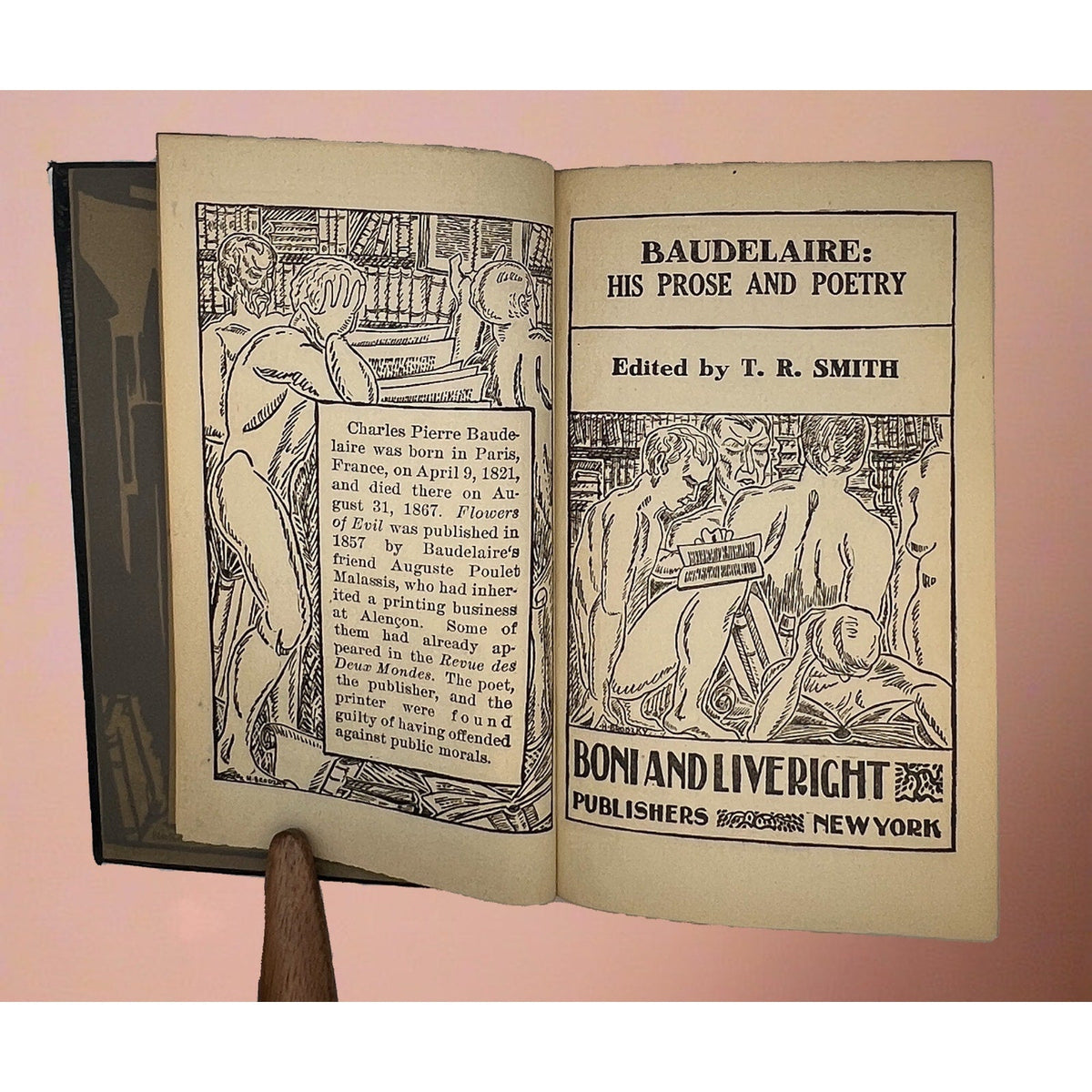 A vintage black leatherette bound book titled Baudelaire His Prose and Poetry from the Modern Library against a soft background. - Photo 5