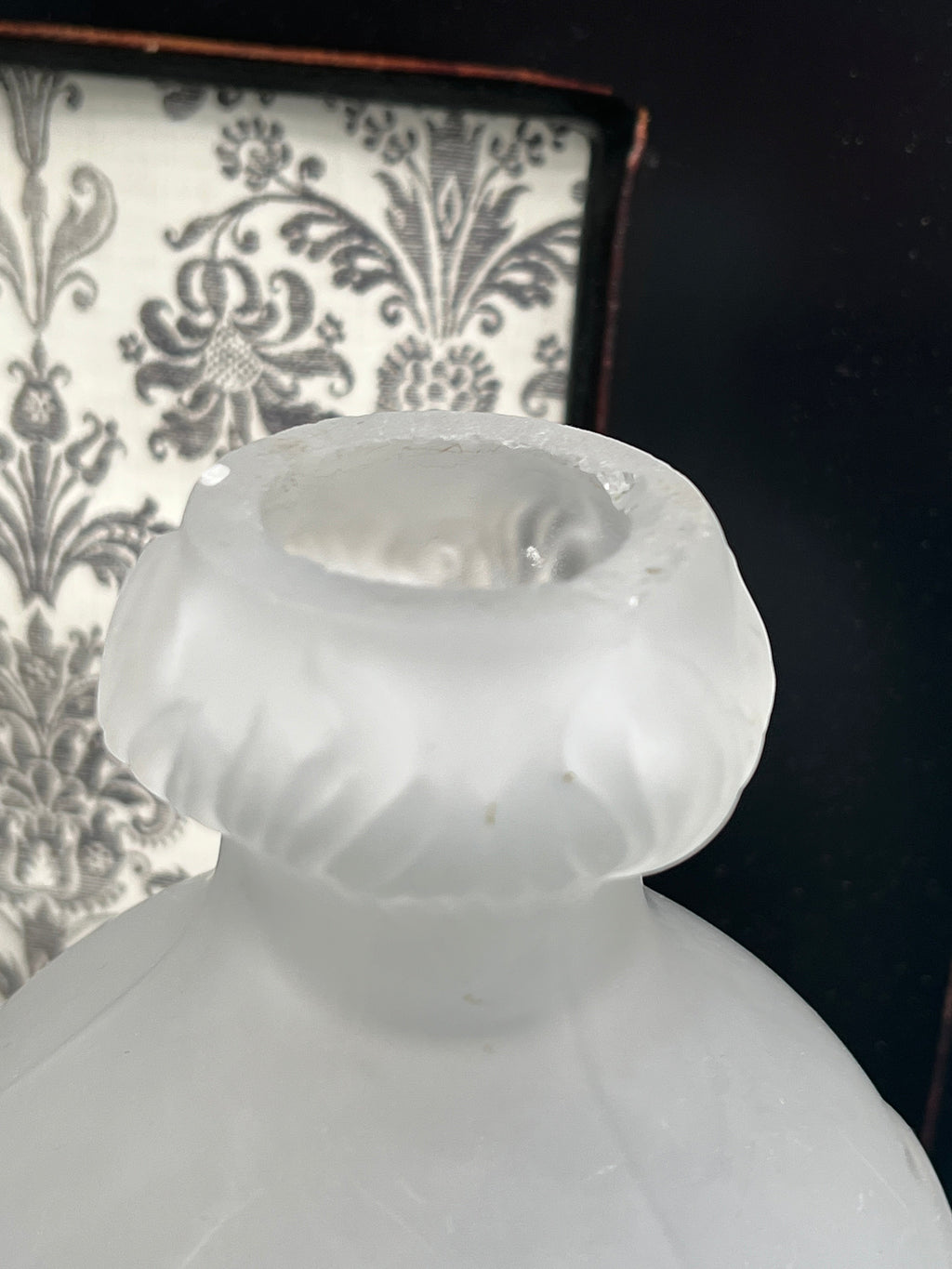 Patina & Prose antique French camphor glass vase with relief floral pattern and frosted finish.