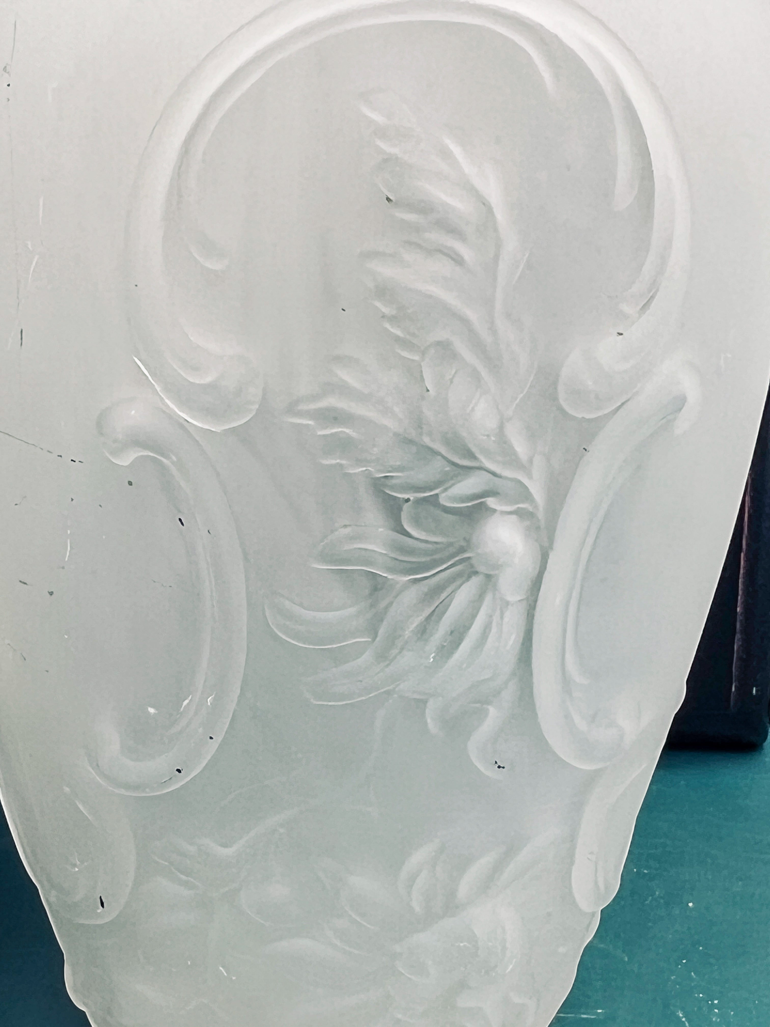 Patina & Prose antique pair of frosted camphor glass vases with relief floral and scroll details.