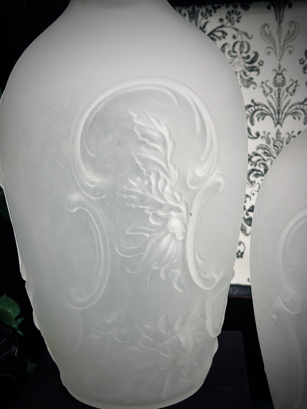 Patina & Prose pair of antique French camphor glass vases with relief floral chrysanthemum pattern, acid-etched frosted finish.