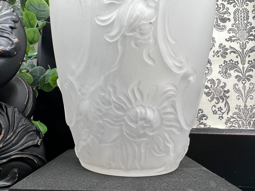 Patina & Prose antique French camphor glass vase with relief floral pattern, frosted finish.
