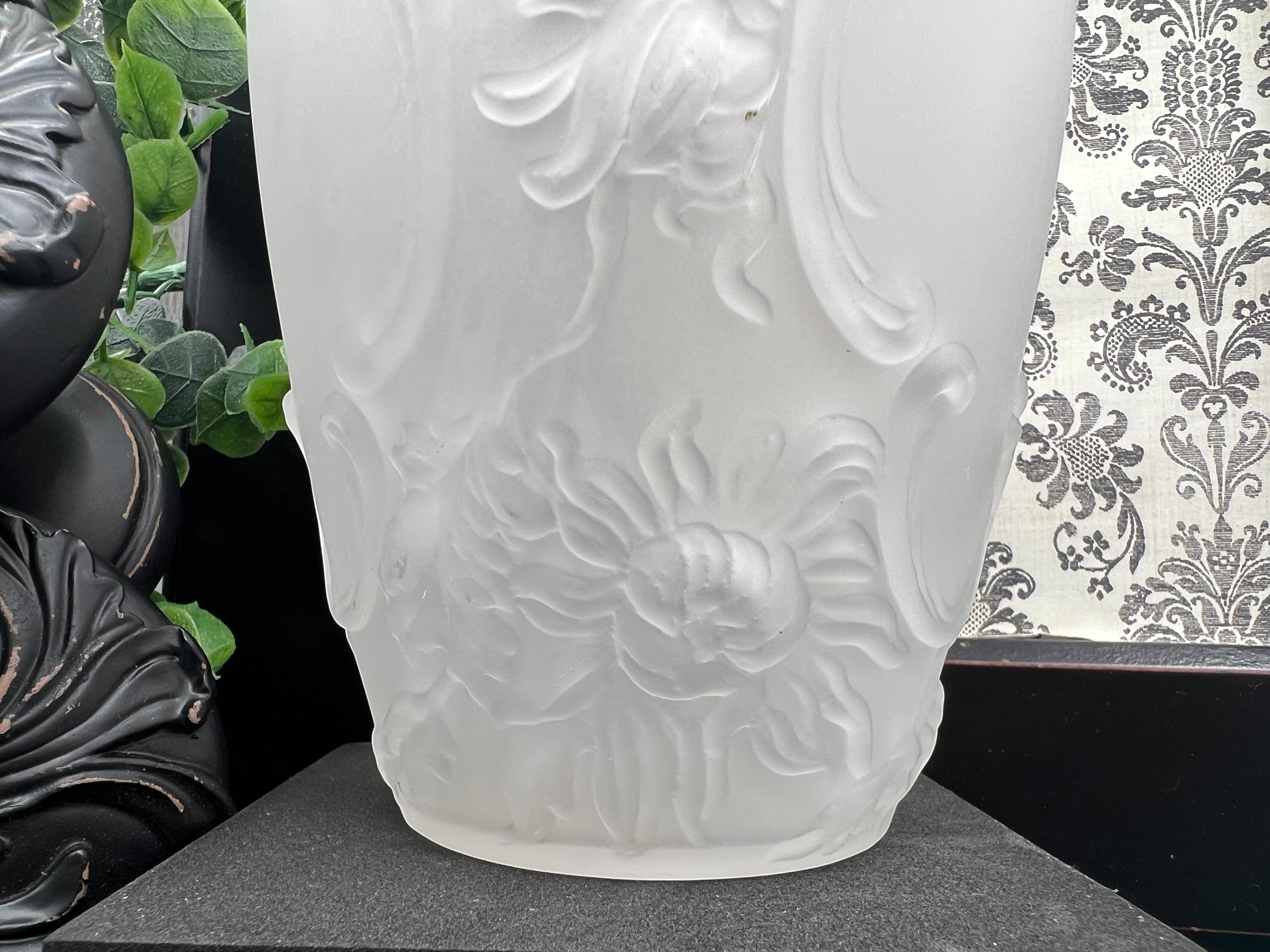 Patina & Prose antique French camphor glass vase with relief floral pattern, frosted finish.