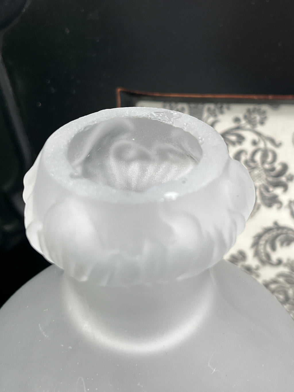 Patina & Prose antique French camphor glass vase with relief floral pattern and frosted finish.