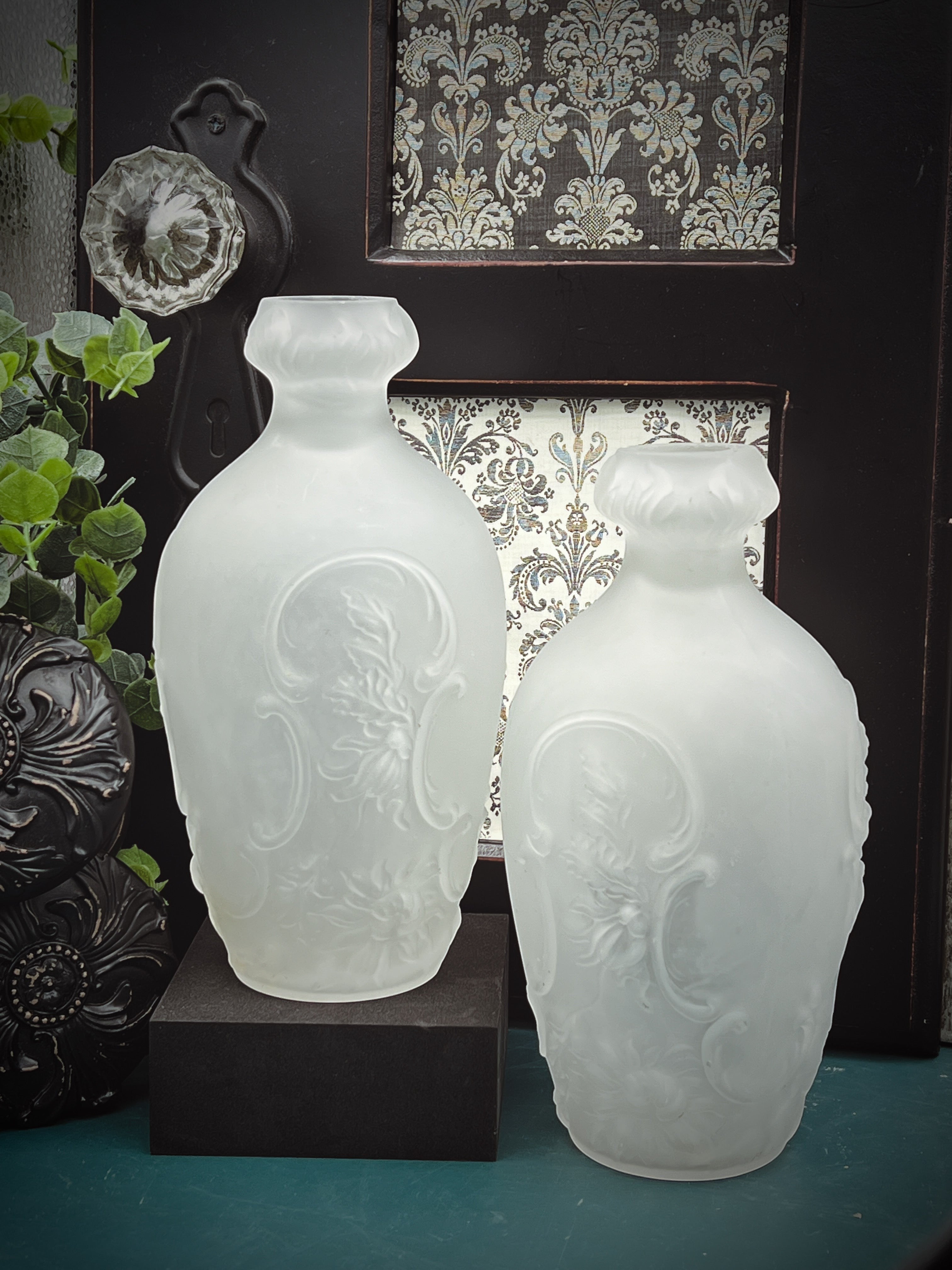 Patina & Prose pair of antique frosted camphor glass vases with relief floral details, French Art Nouveau style.