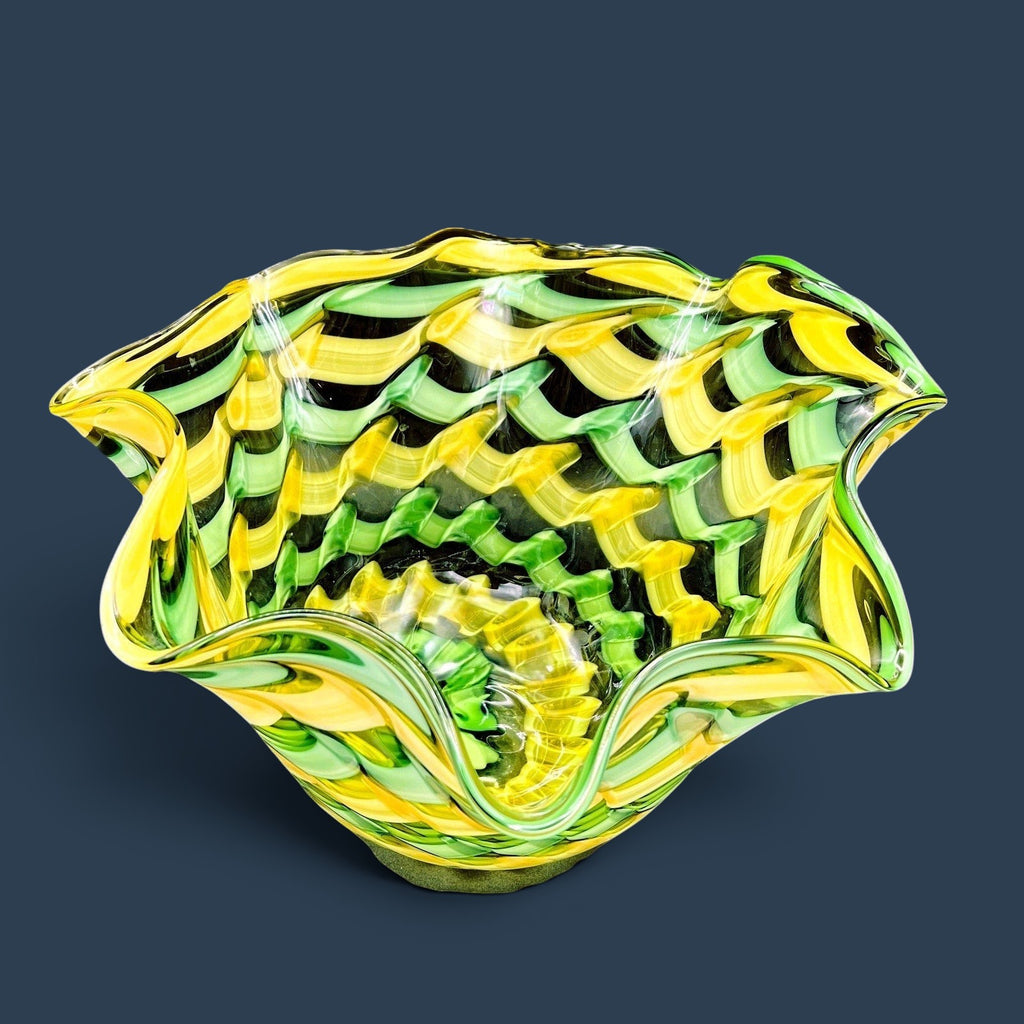 Patina & Prose handblown glass handkerchief bowl with yellow and green ribbon design. Midcentury style decorative centerpiece.