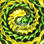 Patina & Prose handblown glass bowl with yellow and green ribbon design in a handkerchief shape. Midcentury style decorative centerpiece.