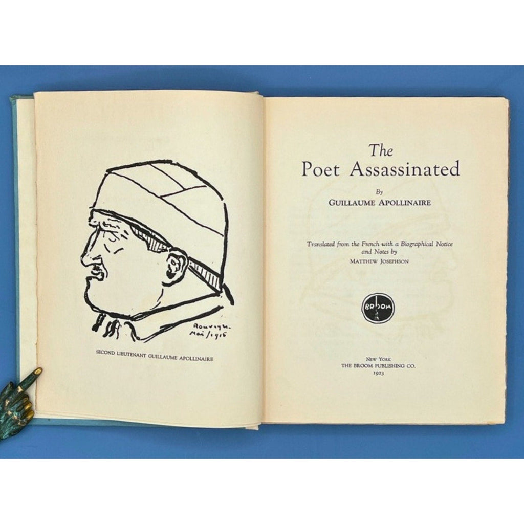 An open 1923 limited edition book displaying the title page of The Poet Assassinated by Guillaume Apollinaire and an opposing line-drawing portrait illustration of Second Lieutenant Guillaume Apollinaire. - Photo 4