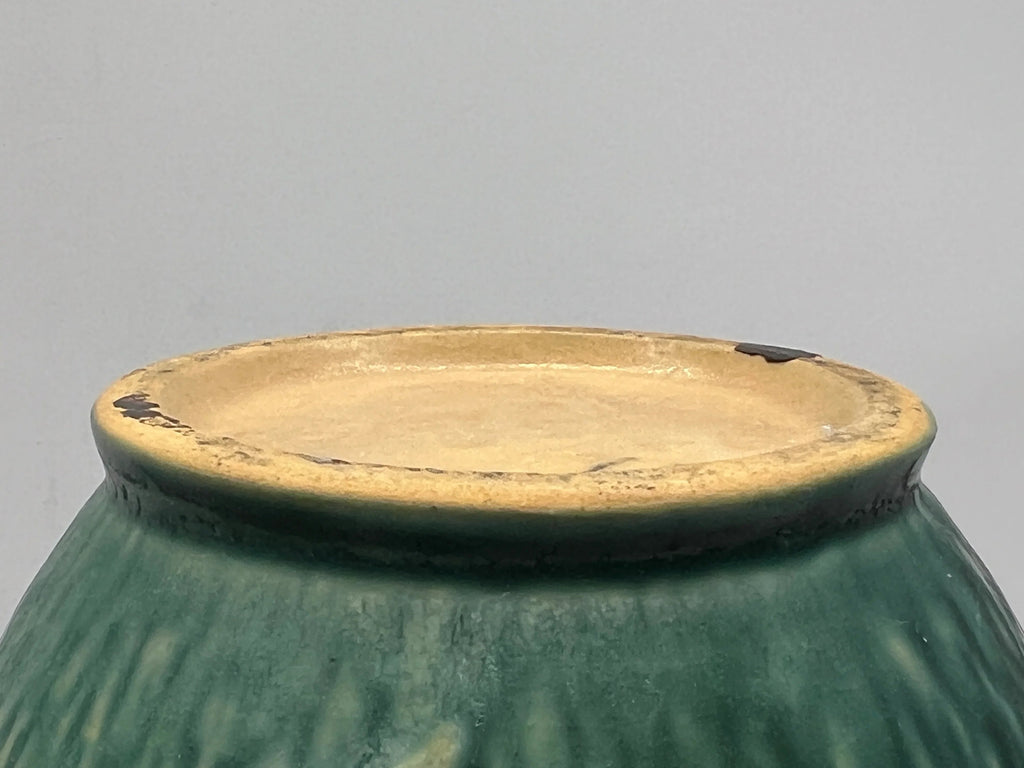 Vintage Roseville Clematis art pottery vase featuring an earthy green textured ground, sculpted angular side handles, and an embossed peach clematis bloom with a yellow center. - Photo 8