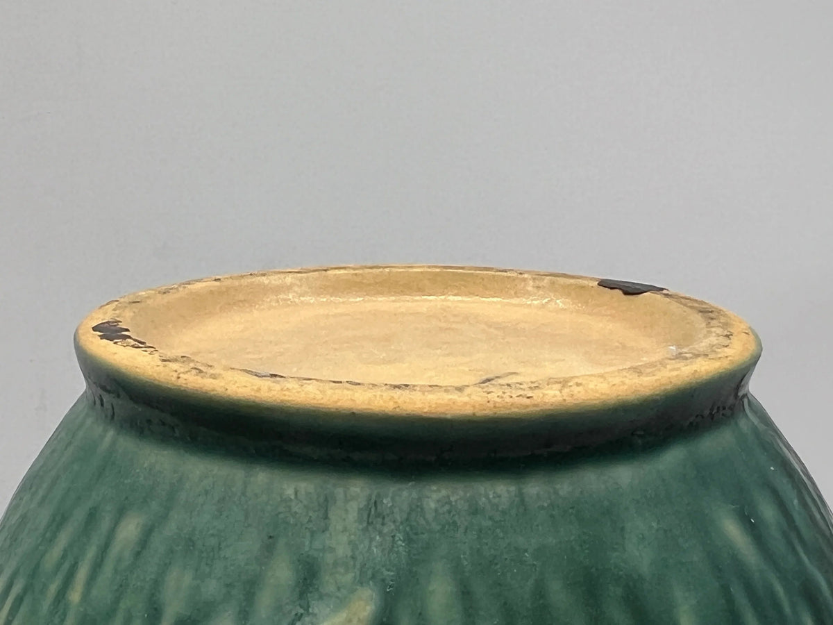 Vintage Roseville Clematis art pottery vase featuring an earthy green textured ground, sculpted angular side handles, and an embossed peach clematis bloom with a yellow center. - Photo 8