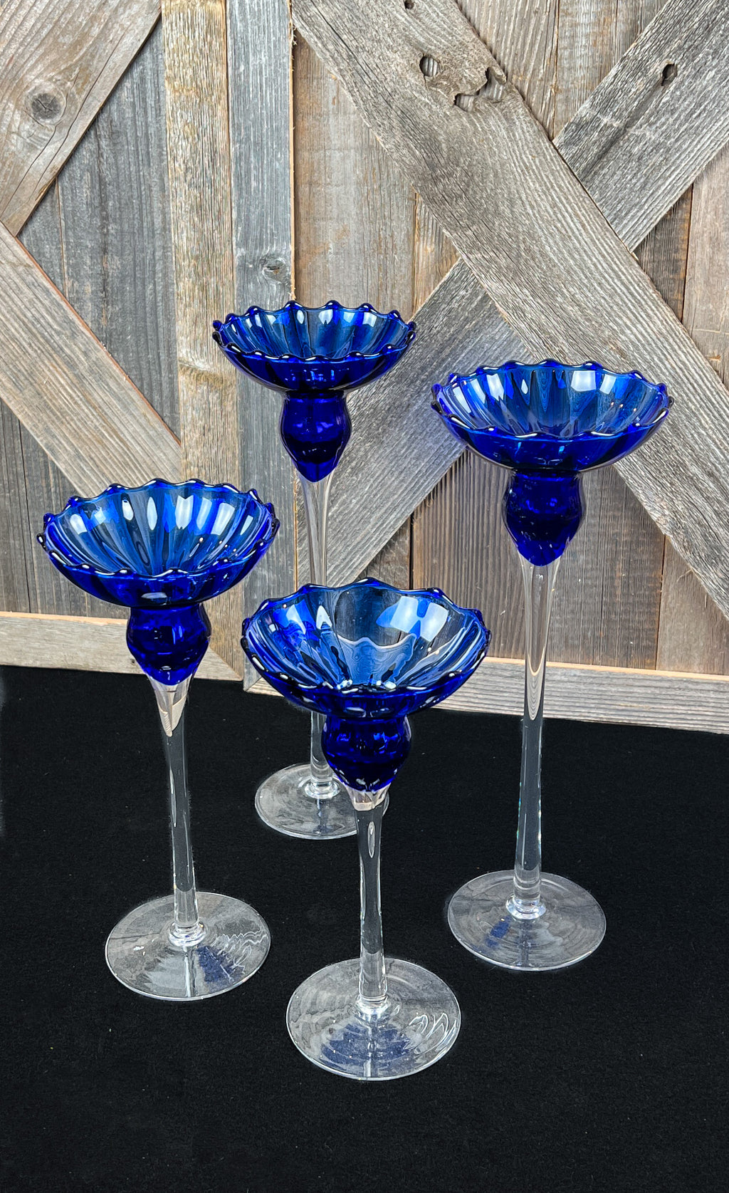 Set of 4 Fluted Cobalt Blue Graduated Candle Holders w/ Delicate Clear Stems