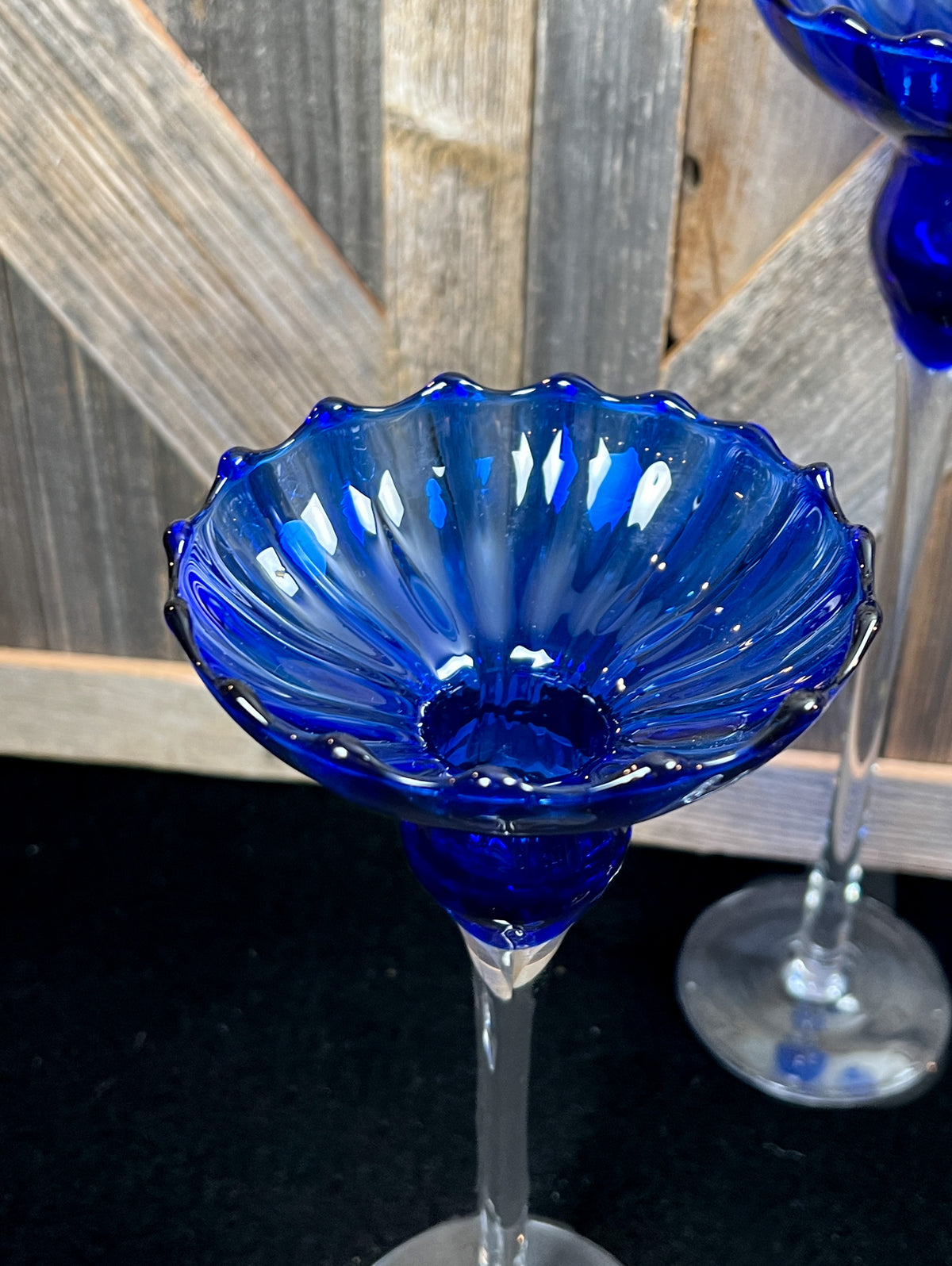 Set of 4 Fluted Cobalt Blue Graduated Candle Holders w/ Delicate Clear Stems