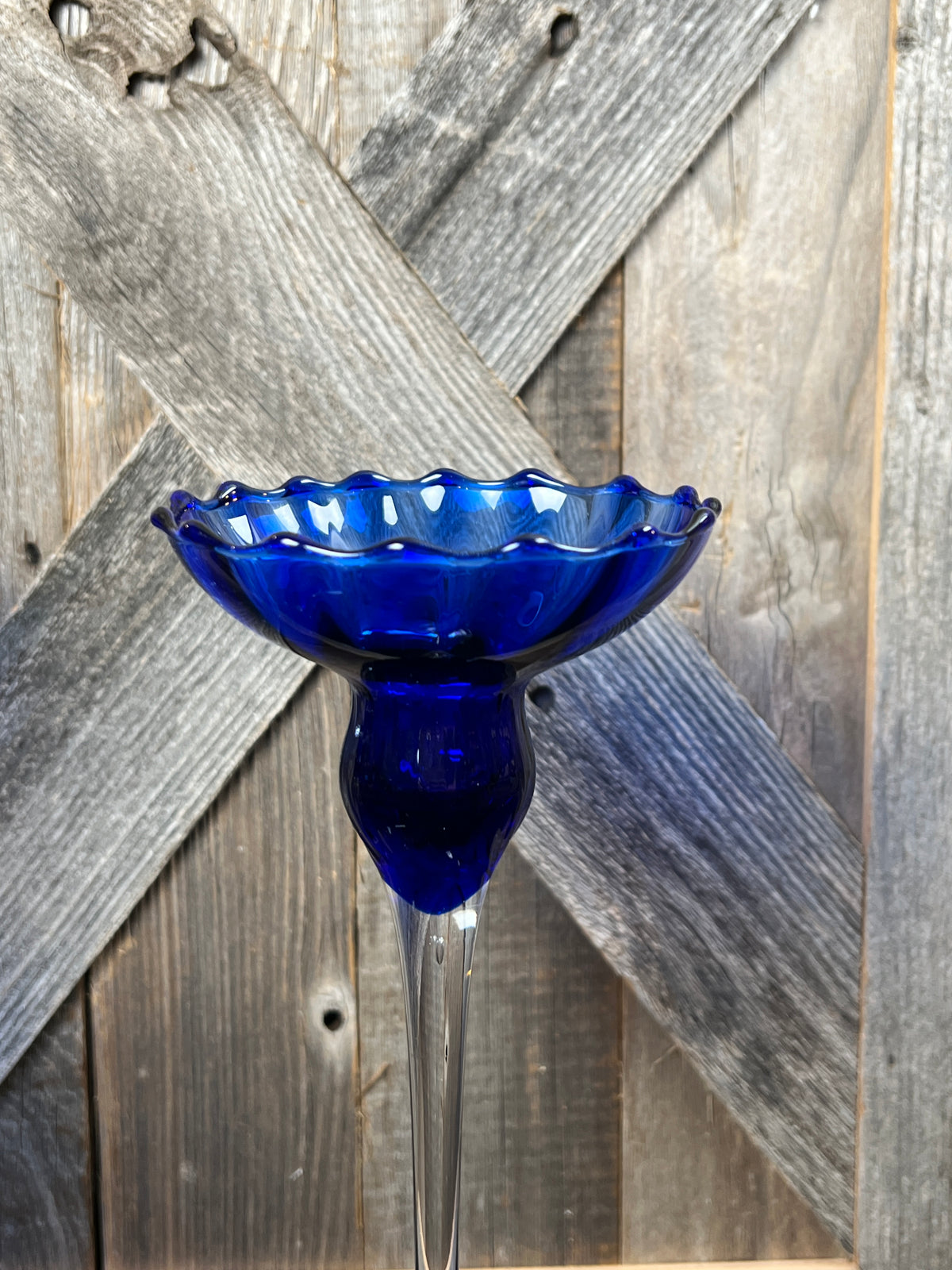 Set of 4 Fluted Cobalt Blue Graduated Candle Holders w/ Delicate Clear Stems