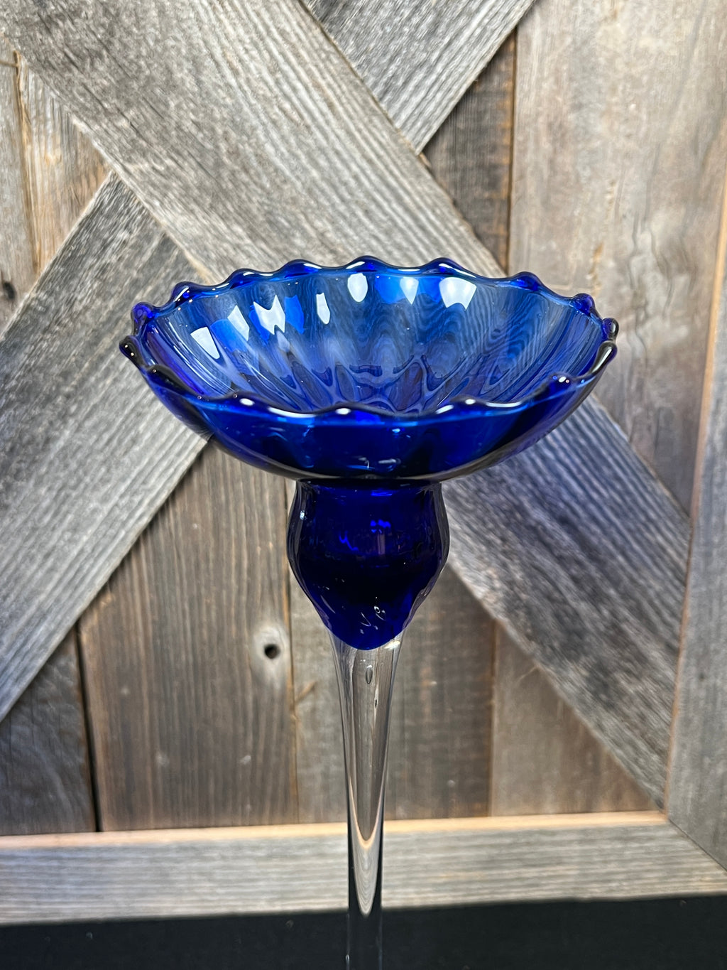 Set of 4 Fluted Cobalt Blue Graduated Candle Holders w/ Delicate Clear Stems