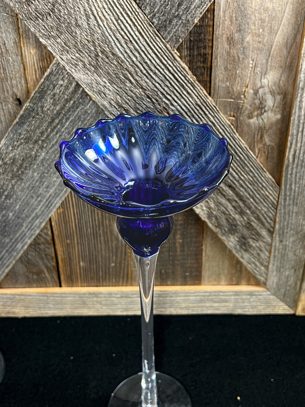 Set of 4 Fluted Cobalt Blue Graduated Candle Holders w/ Delicate Clear Stems
