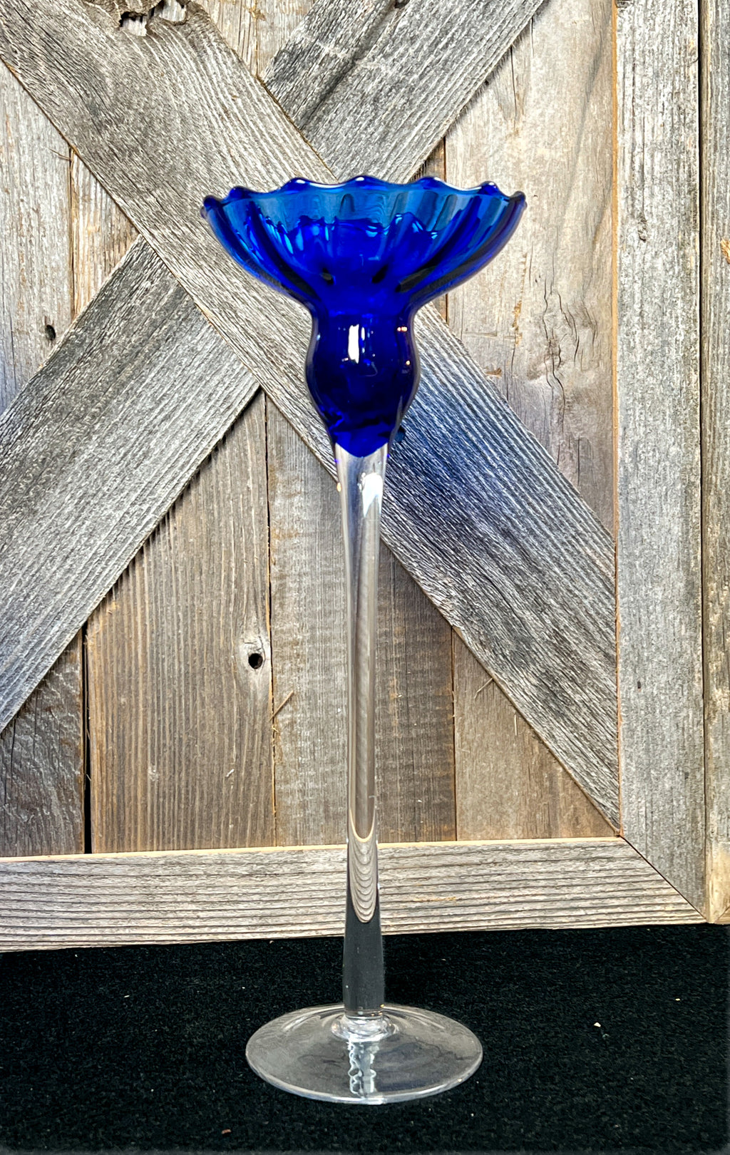 Set of 4 Fluted Cobalt Blue Graduated Candle Holders w/ Delicate Clear Stems