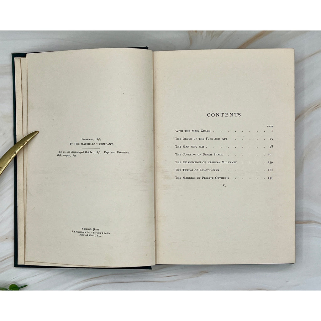 Antique Rudyard Kipling Soldier Stories (1897) hardcover with gilt-stamped soldiers and exotic wildlife; contents page.
