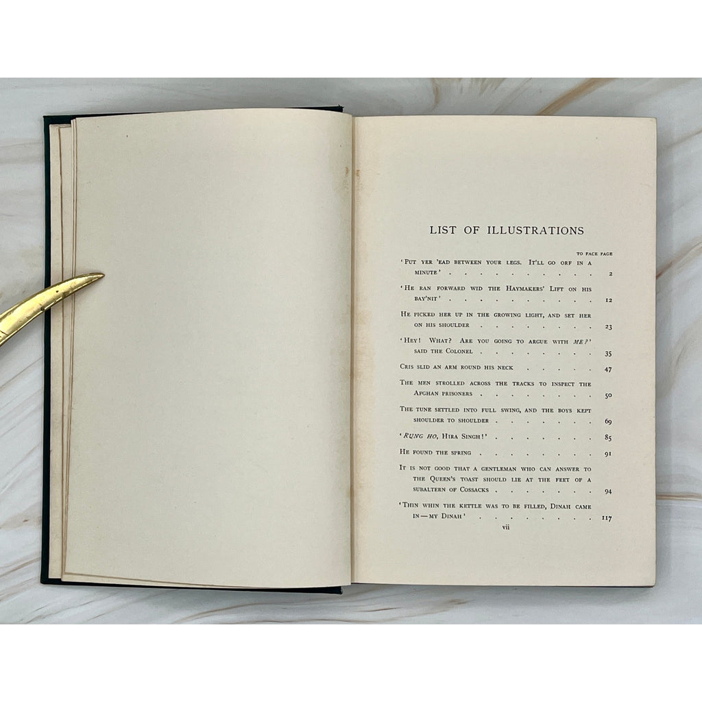 Antique Rudyard Kipling Soldier Stories (1897) hardcover opened to the list of illustrations.