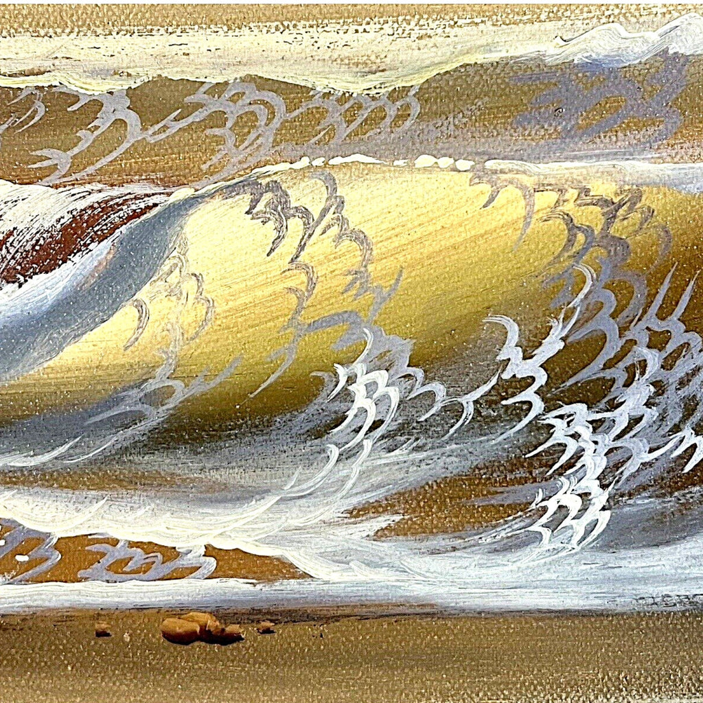 A vintage oil on canvas seascape painting depicting a sunset ocean with waves and coastal pine trees in the foreground, signed by artist Ben Power and housed in a deep wood frame with a black velvet mat. - Photo 3
