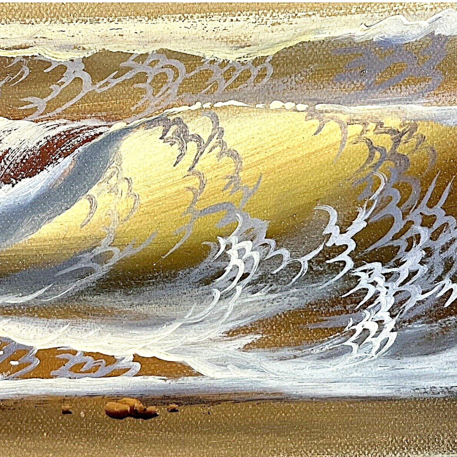 A vintage oil on canvas seascape painting depicting a sunset ocean with waves and coastal pine trees in the foreground, signed by artist Ben Power and housed in a deep wood frame with a black velvet mat. - Photo 3