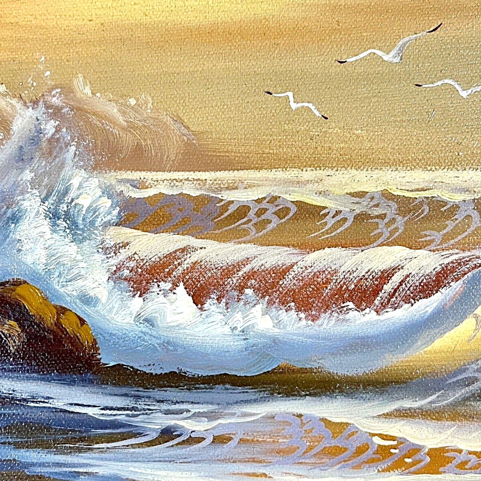 A vintage oil on canvas seascape painting depicting a sunset ocean with waves and coastal pine trees in the foreground, signed by artist Ben Power and housed in a deep wood frame with a black velvet mat. - Photo 4