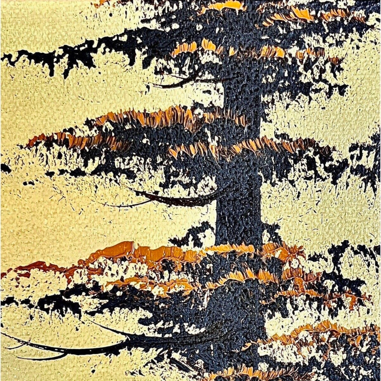 A vintage oil on canvas seascape painting depicting a sunset ocean with waves and coastal pine trees in the foreground, signed by artist Ben Power and housed in a deep wood frame with a black velvet mat. - Photo 5