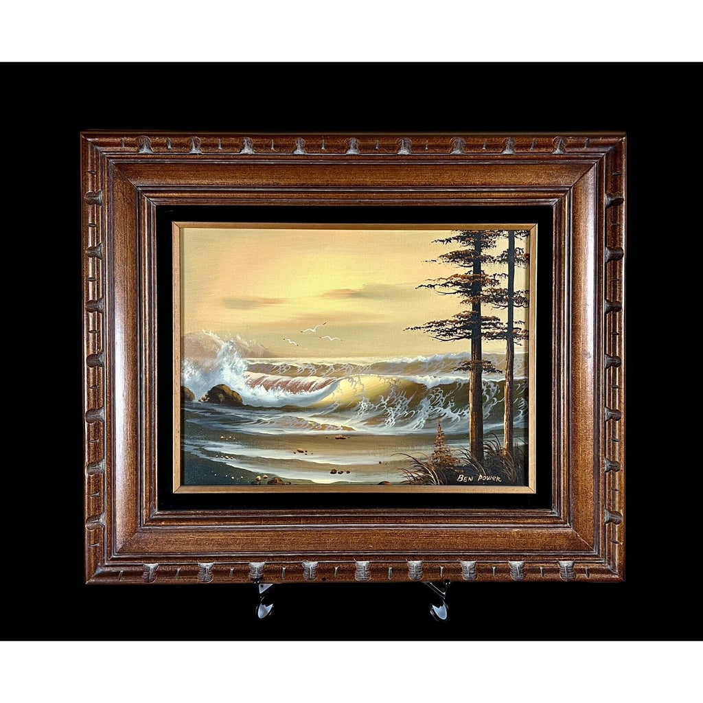 Original oil painting of a sunset over the ocean with waves and pines, tonal/impressionistic style, Ben Powers, 20 x 24.