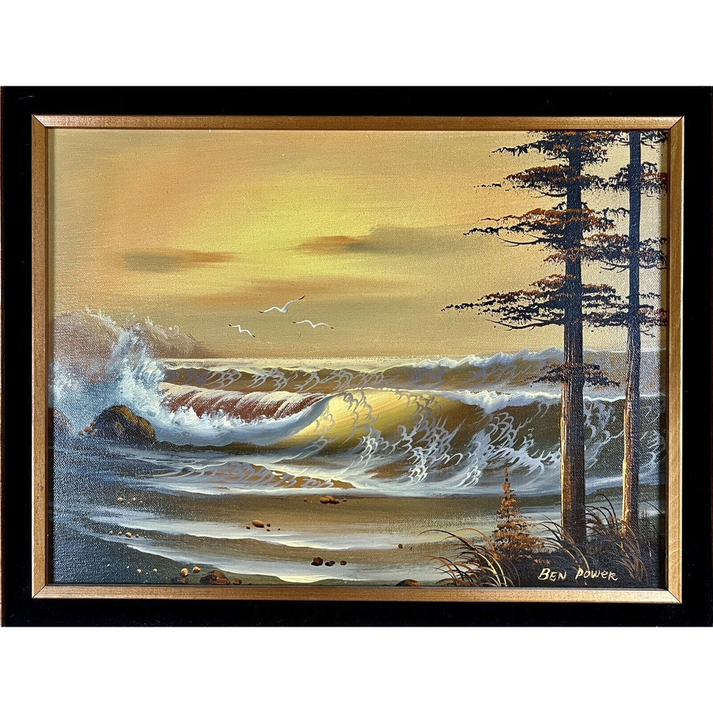 Sunset Ocean, original oil on canvas by Ben Powers; tonalist-impressionistic seascape with waves and trees, framed.