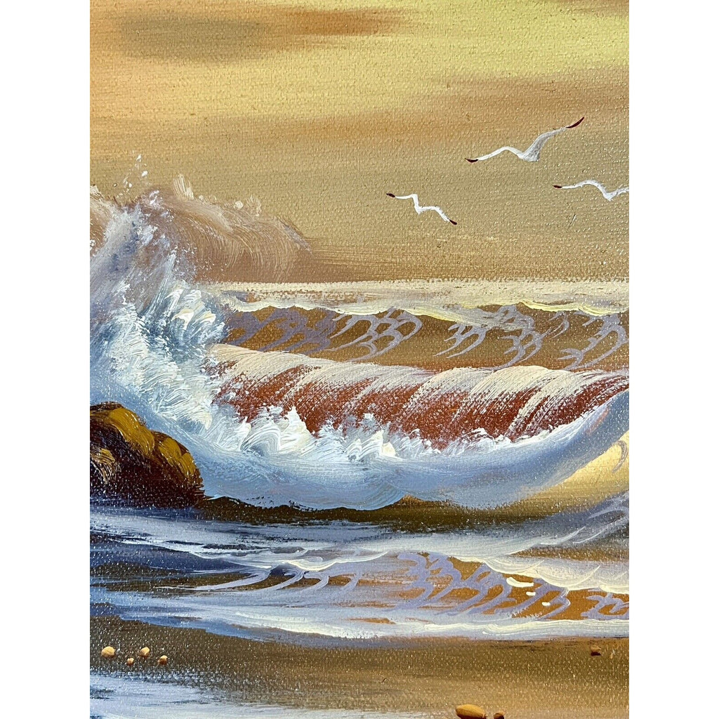 Sunset ocean scene with crashing waves and seagulls overhead, hand-painted oil on canvas by Ben Powers.