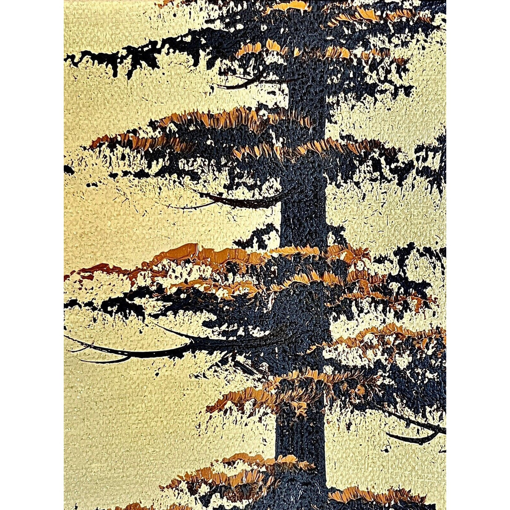 Ben Powers oil painting of a dark pine tree on a gold textured background with orange highlights.
