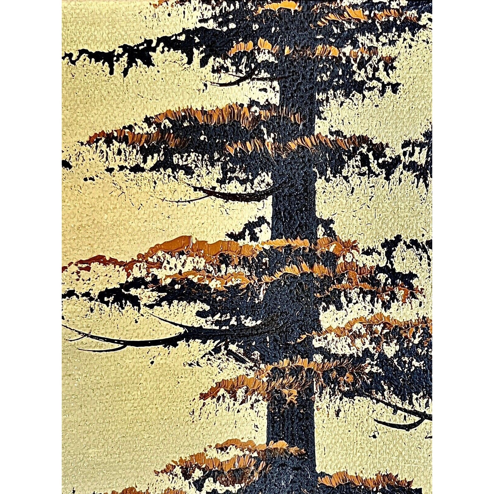 Ben Powers oil painting of a dark pine tree on a gold textured background with orange highlights.