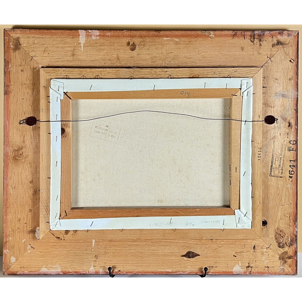Back of Sunset Ocean original oil on canvas by Ben Powers with stretcher frame, wooden edges and hanging wire.