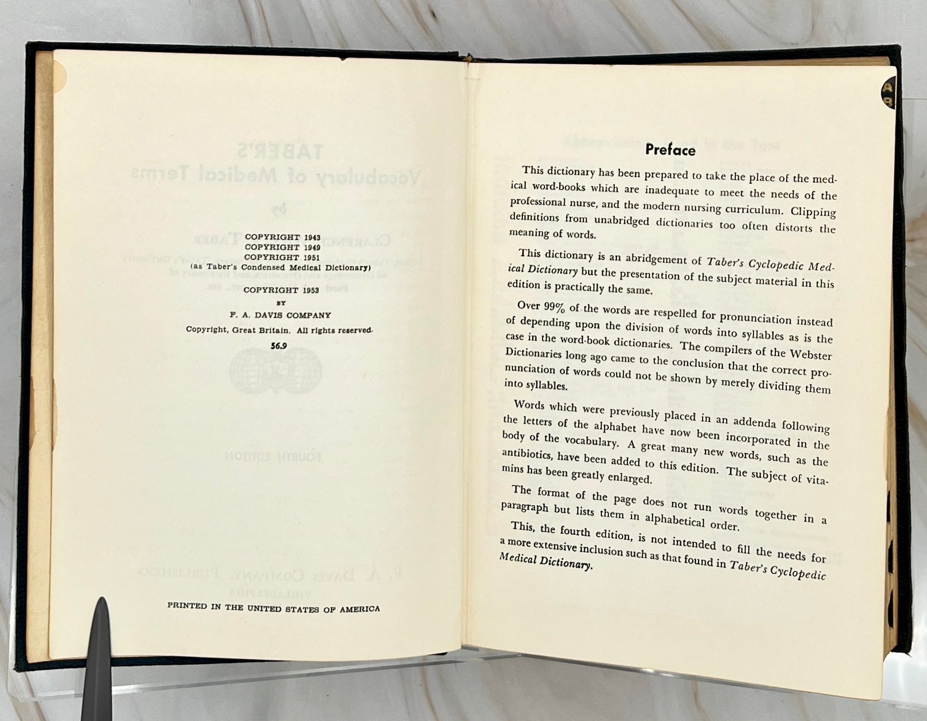 Taber's Vocabulary of Medical Terms- Fourth Edition 1956