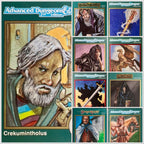Vintage AD&D 2nd Edition 11-card TSR trading card lot featuring Crekumintholus and characters monsters spells relics.