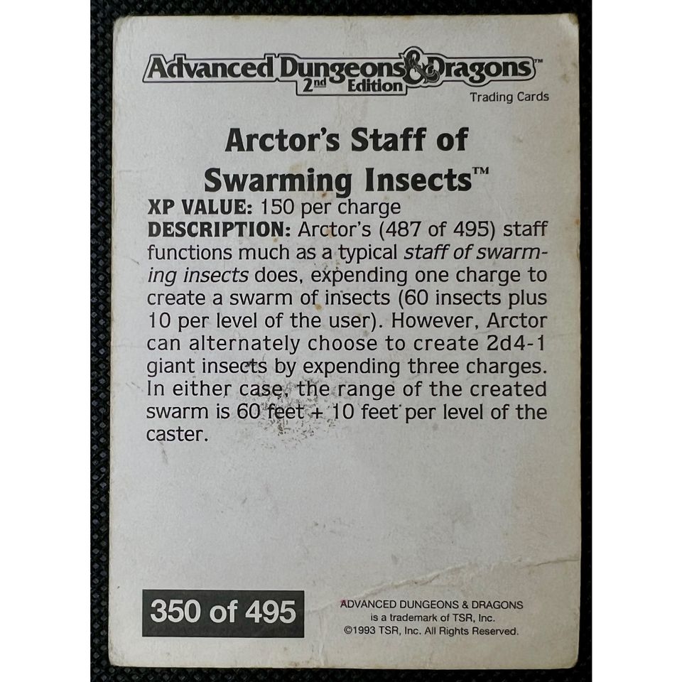 Arctor's Staff of Swarming Insects card back from Advanced D&D 2nd Ed Cards (350 of 495), TSR 1993.