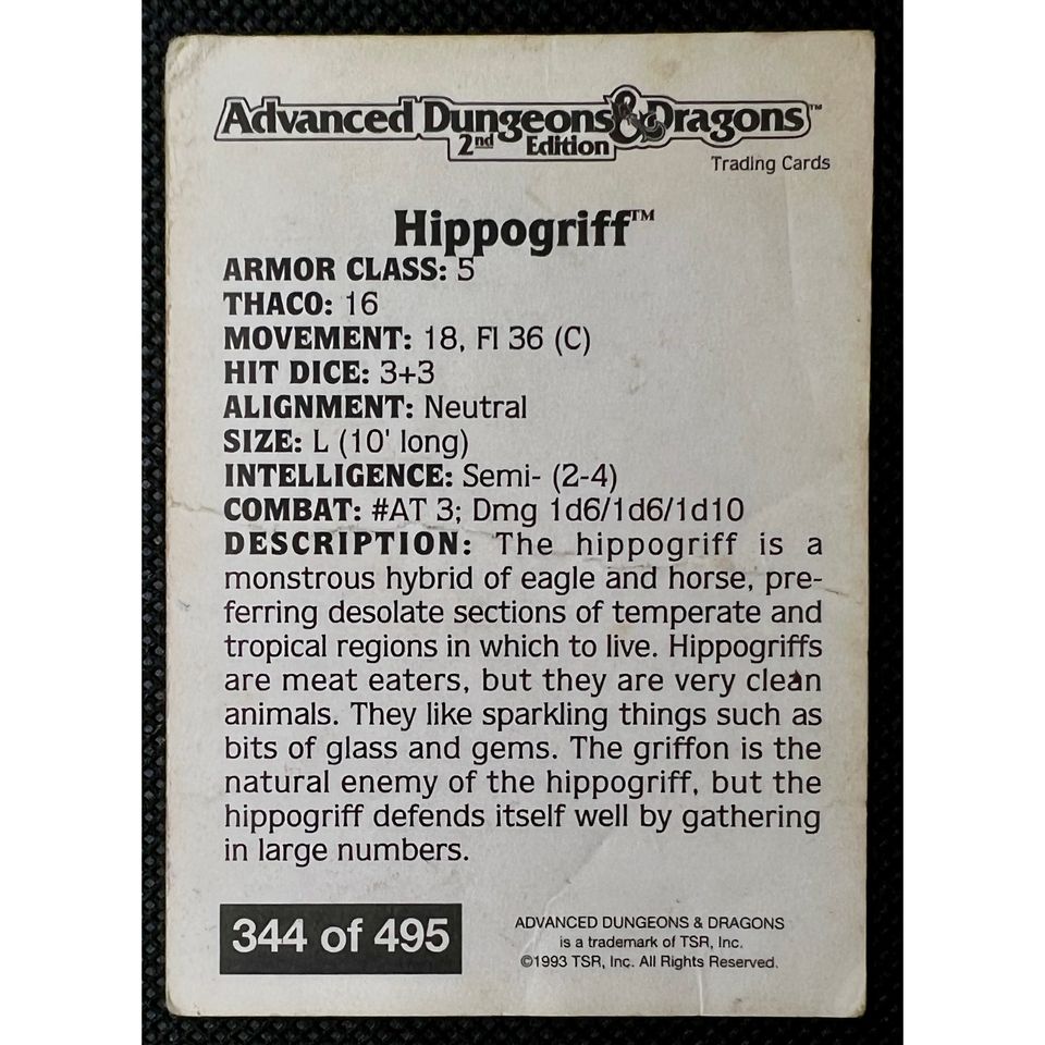 Hippogriff trading card from 1993 AD&D 2nd Edition set; includes armor class, THAC0, movement, and lore.