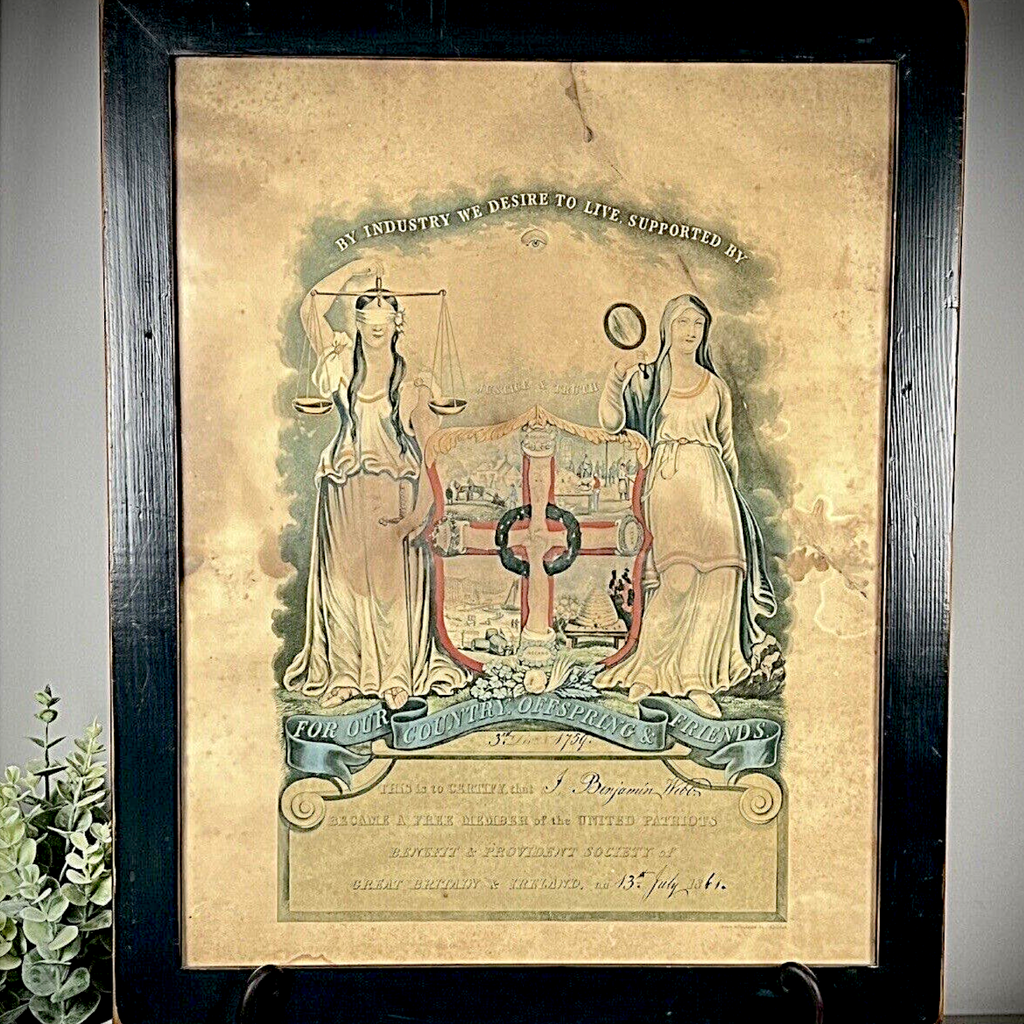 Framed 1861 Victorian United Patriots Benefit and Provident Society membership certificate print featuring allegorical figures of Justice and Truth flanking an industrial coat of arms in a dark rustic wood frame. - Photo 1