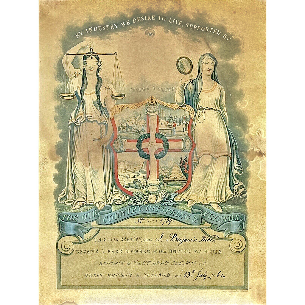 Framed 1861 Victorian United Patriots Benefit and Provident Society membership certificate print featuring allegorical figures of Justice and Truth flanking an industrial coat of arms in a dark rustic wood frame. - Photo 2