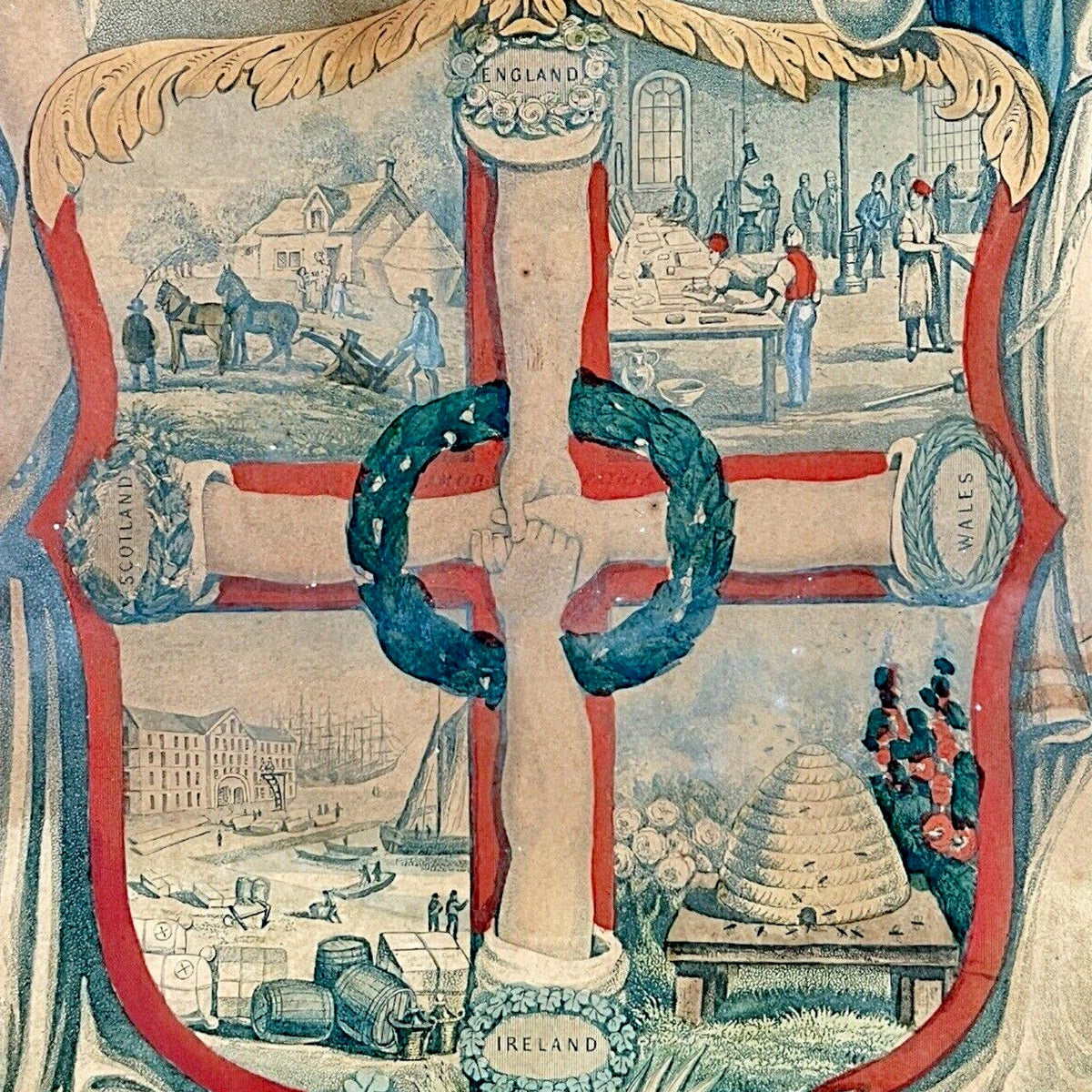 Framed 1861 Victorian United Patriots Benefit and Provident Society membership certificate print featuring allegorical figures of Justice and Truth flanking an industrial coat of arms in a dark rustic wood frame. - Photo 4