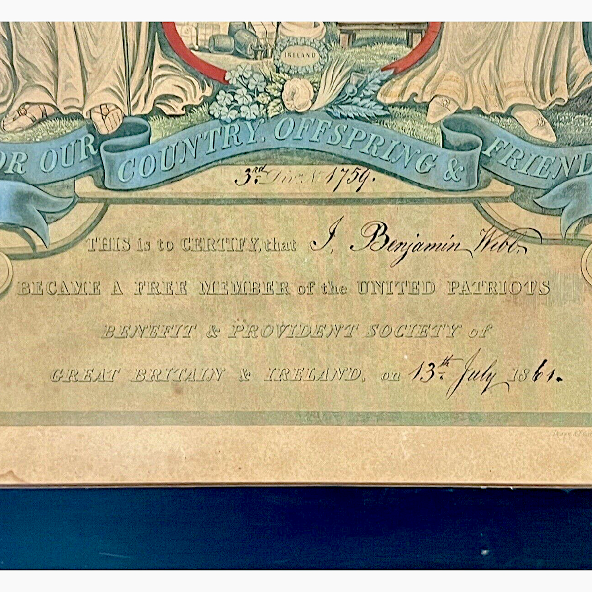 Framed 1861 Victorian United Patriots Benefit and Provident Society membership certificate print featuring allegorical figures of Justice and Truth flanking an industrial coat of arms in a dark rustic wood frame. - Photo 5