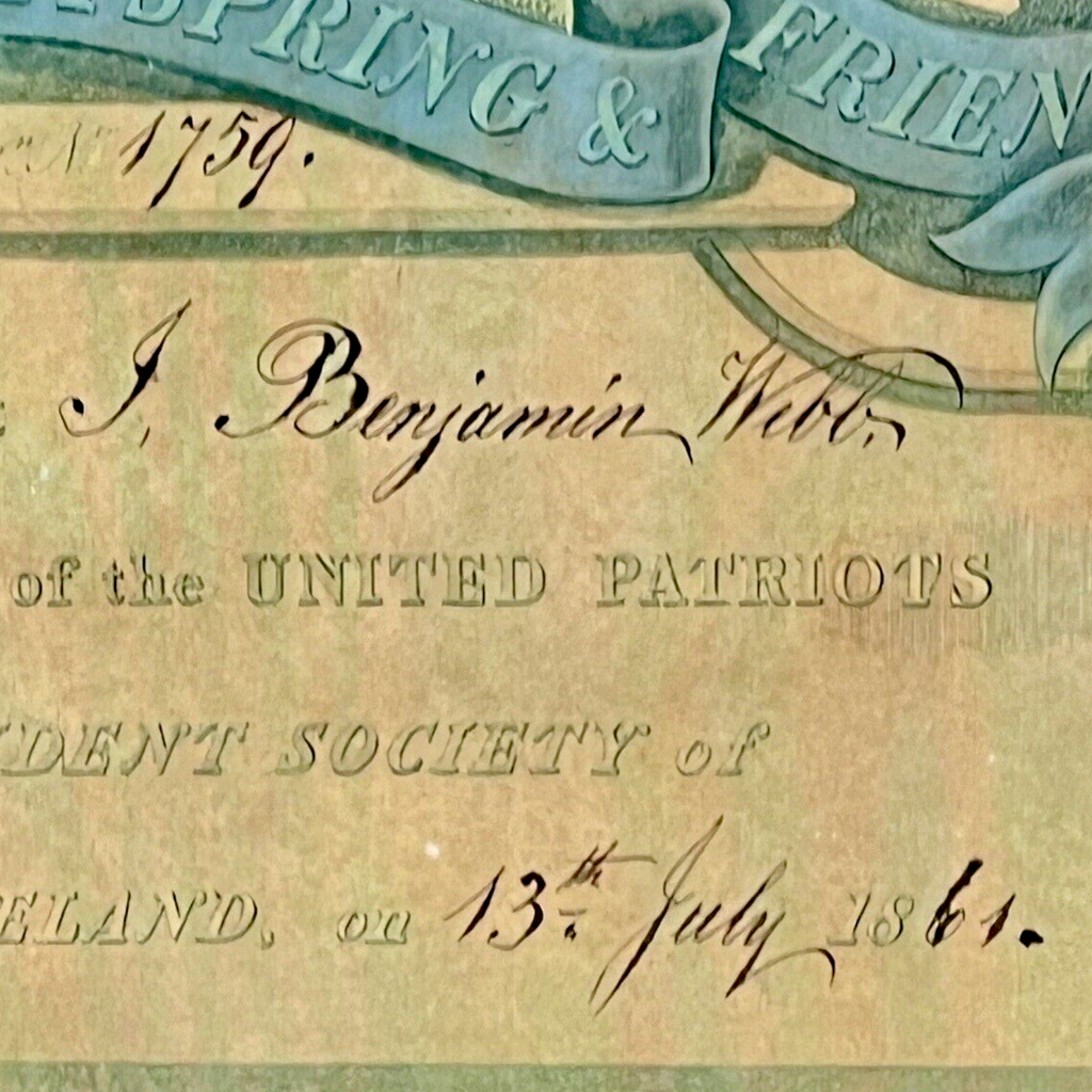 Framed 1861 Victorian United Patriots Benefit and Provident Society membership certificate print featuring allegorical figures of Justice and Truth flanking an industrial coat of arms in a dark rustic wood frame. - Photo 6