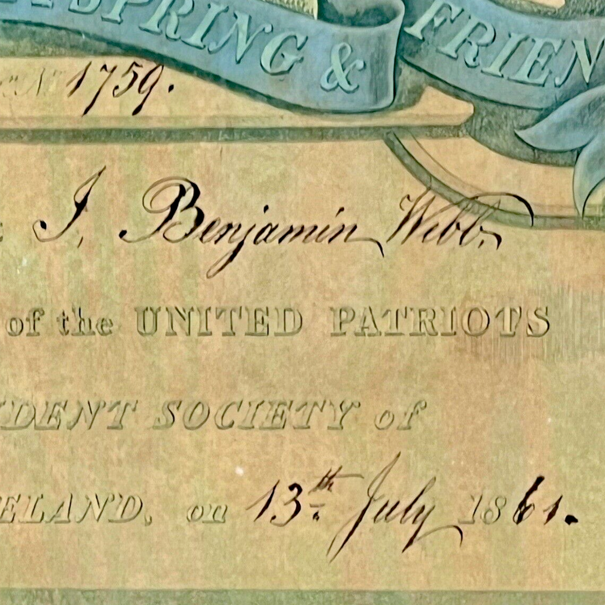 Framed 1861 Victorian United Patriots Benefit and Provident Society membership certificate print featuring allegorical figures of Justice and Truth flanking an industrial coat of arms in a dark rustic wood frame. - Photo 6