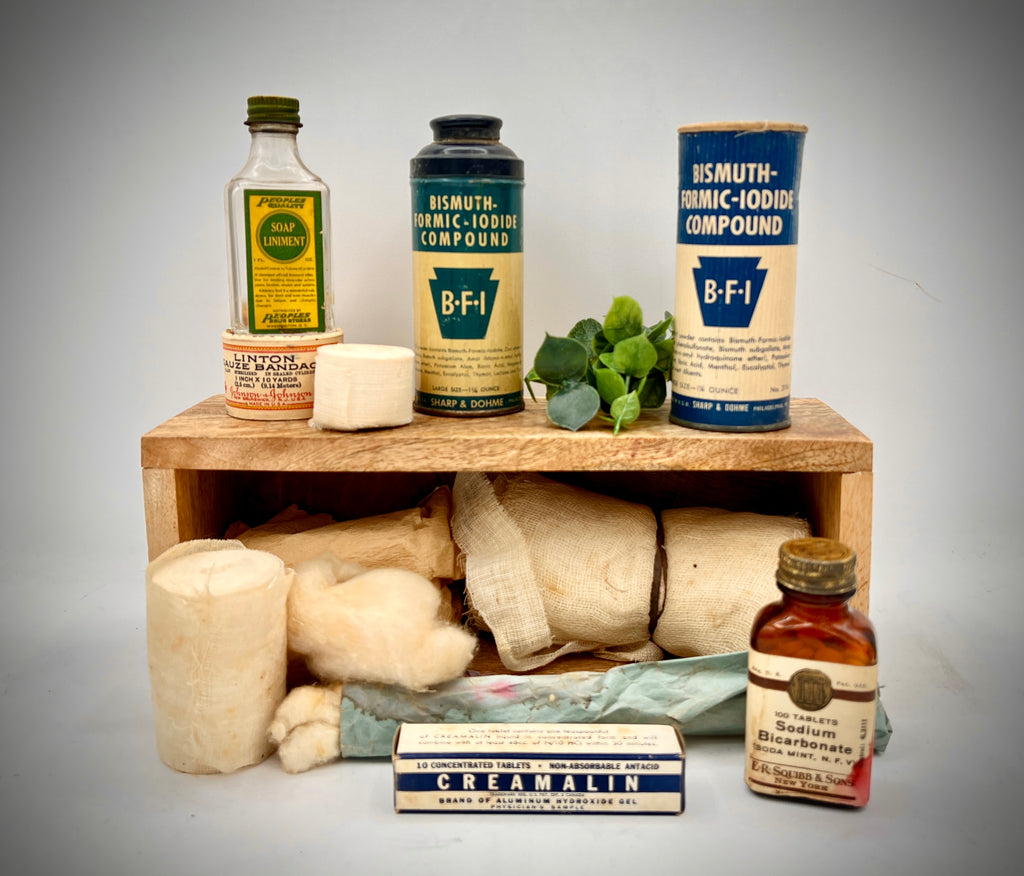 Various Antique First Aid Supplies, Johnson & Johnson, ER Squibb & Sons, etc