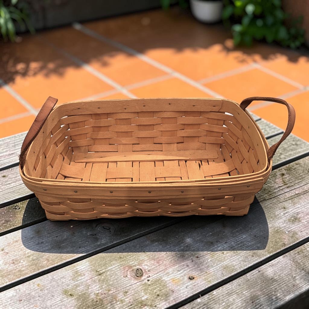A rectangular 1998 Longaberger handwoven wood splint basket with brown leather handles. - Photo 1