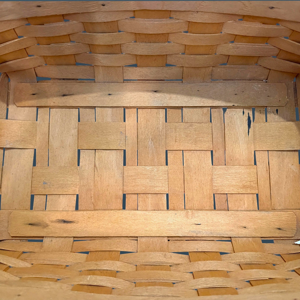 A rectangular 1998 Longaberger handwoven wood splint basket with brown leather handles. - Photo 2