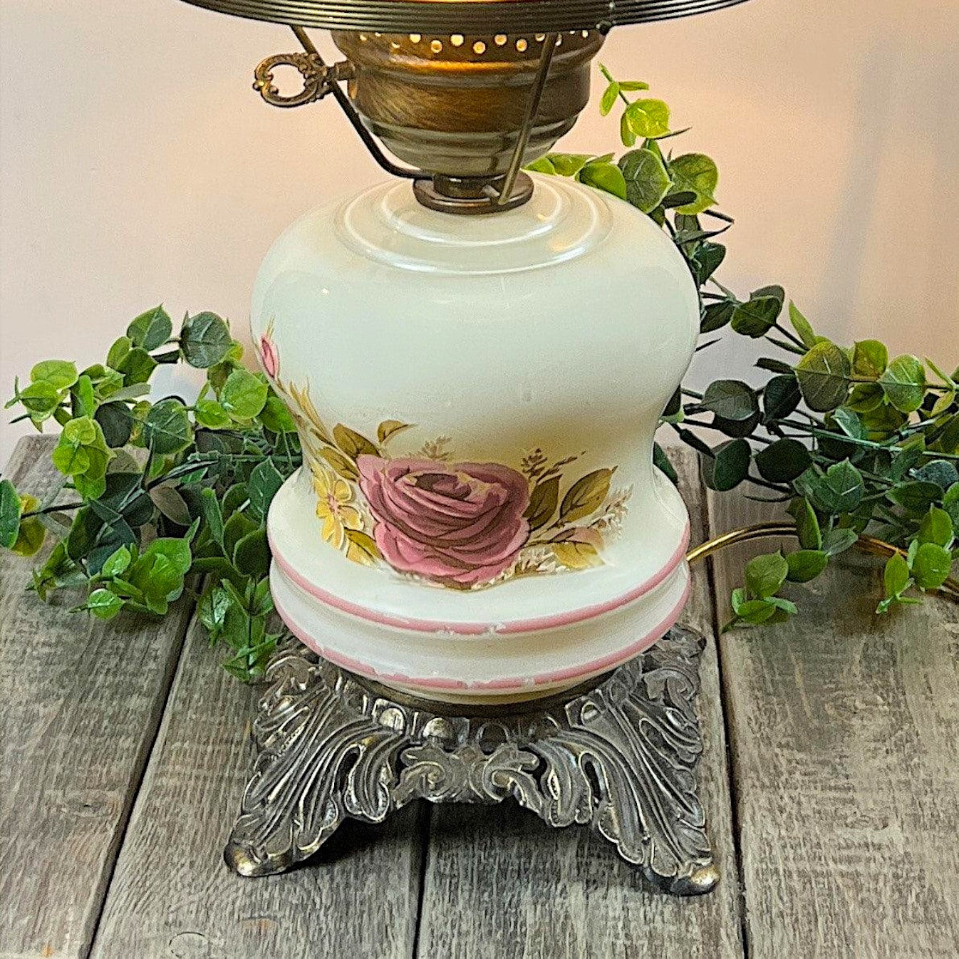 A vintage milk glass hurricane parlor lamp base with hand-painted pink stripes and a highly detailed, ornate brass-finish cast metal footed base. - Photo 2
