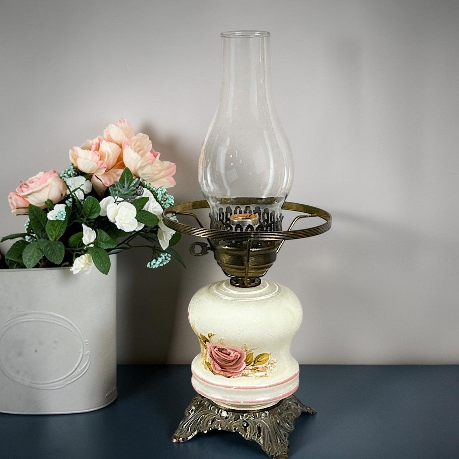 A vintage milk glass hurricane parlor lamp base with hand-painted pink stripes and a highly detailed, ornate brass-finish cast metal footed base. - Photo 3