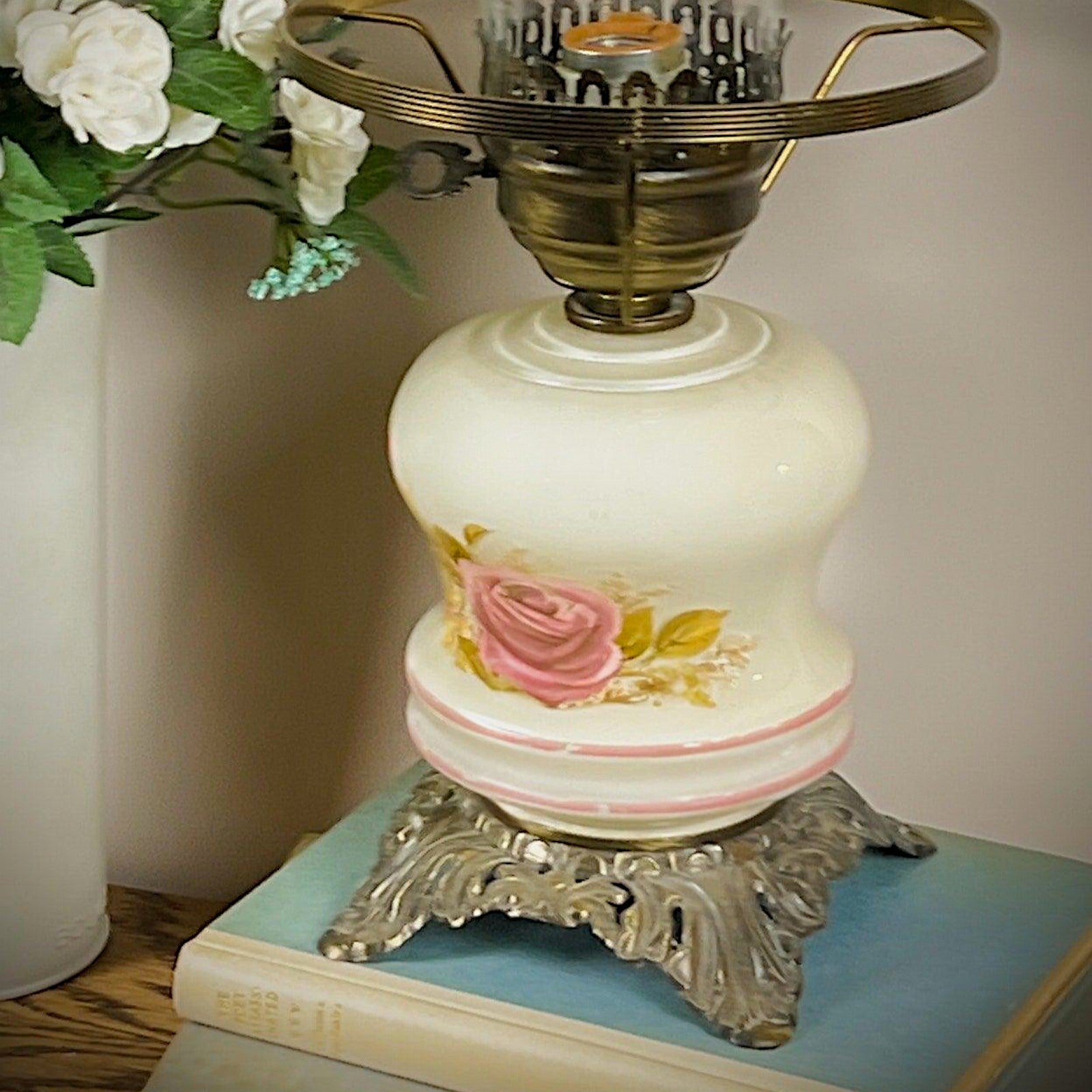 A vintage milk glass hurricane parlor lamp base with hand-painted pink stripes and a highly detailed, ornate brass-finish cast metal footed base. - Photo 4