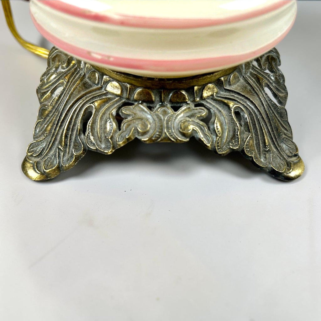 A vintage milk glass hurricane parlor lamp base with hand-painted pink stripes and a highly detailed, ornate brass-finish cast metal footed base. - Photo 6